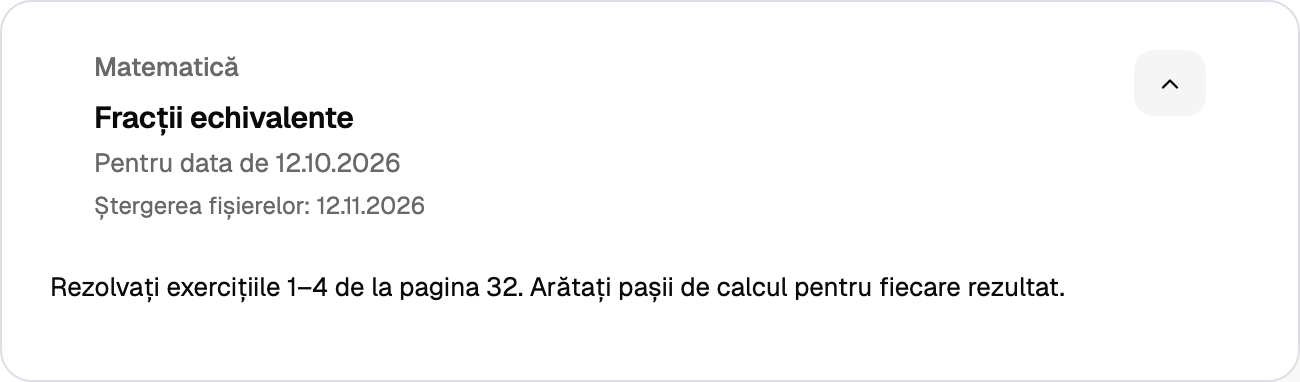 O temă cu termenul stabilit și lucrările primite de la elevi. Date ilustrative.